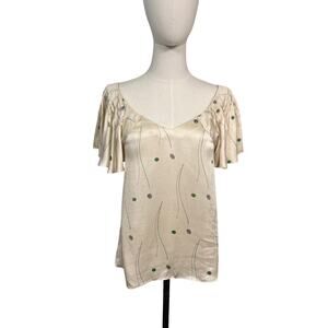 HD in Paris Anthropologie Silk Cream Print Top Size 00 Flutter Sleeve Scoop Neck